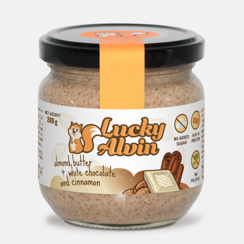 Lucky Alvin Mandle + Bílá Čokoláda + Skořice 200 g, bez GMO, Vegan, bez palm. oleje, bez přid. cukru, bez soli, bez lepku