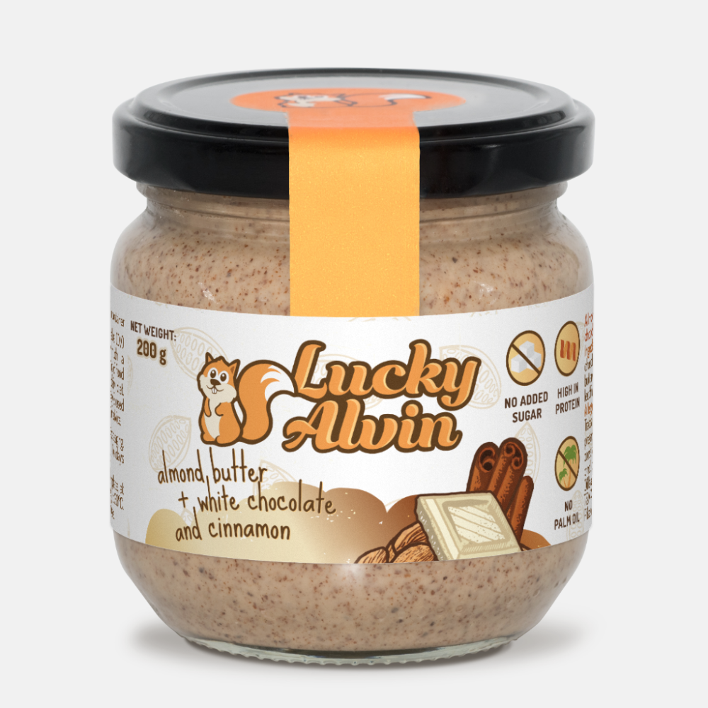 Lucky Alvin Mandle + Bílá Čokoláda + Skořice 200 g, bez GMO, Vegan