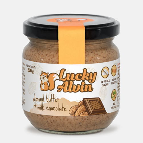 Lucky Alvin Mandle + Mléčná Čokoláda 200 g, bez GMO, Vegetarian, bez palm. oleje, bez přid. cukru, bez soli, bez lepku