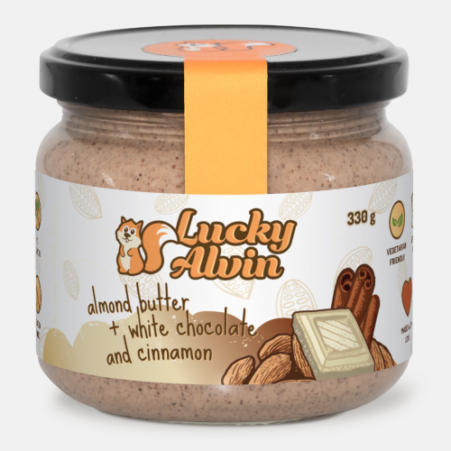 Lucky Alvin Mandle + Bílá Čokoláda + Skořice  330 g, bez GMO, Vegan, bez palm. oleje, bez přid. cukru, bez soli, bez lepku
