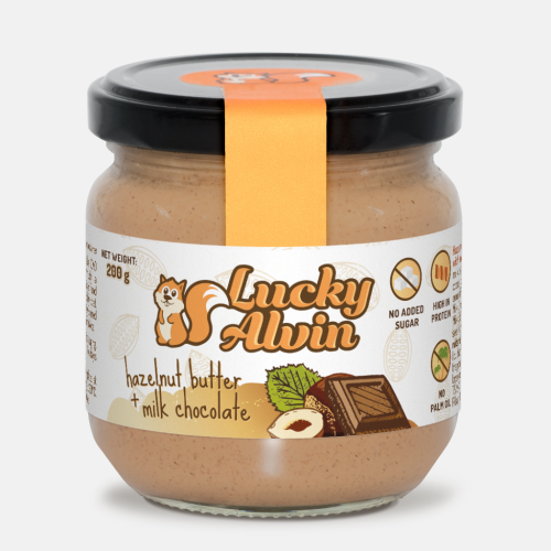 Lucky Alvin Lískové oříšky + mléčná čokoláda 200 g, bez GMO, Vegan, bez palm. oleje, bez přid. cukru, bez soli, bez lepku
