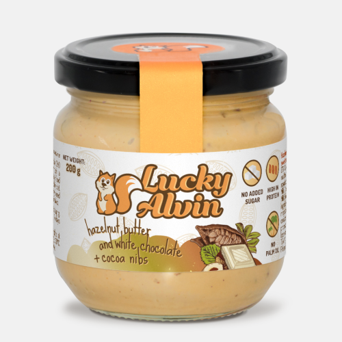 Lucky Alvin Lískové oříšky + Bílá Čokoláda + Kakaové Boby 200 g, bez GMO, Vegan, bez palm. oleje, bez přid. cukru, bez soli