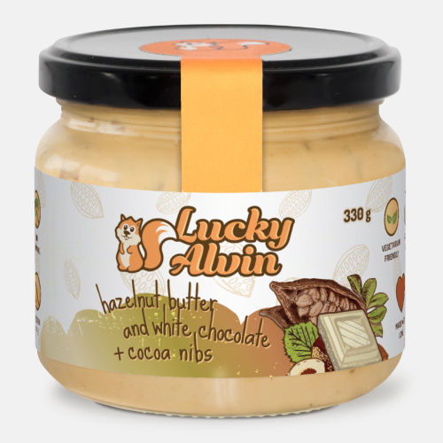 Lucky Alvin Lískové oříšky + Bílá Čokoláda + Kakaové Boby 330 g, bez GMO, Vegetarian, bez palm. oleje, bez přid. cukru, bez soli