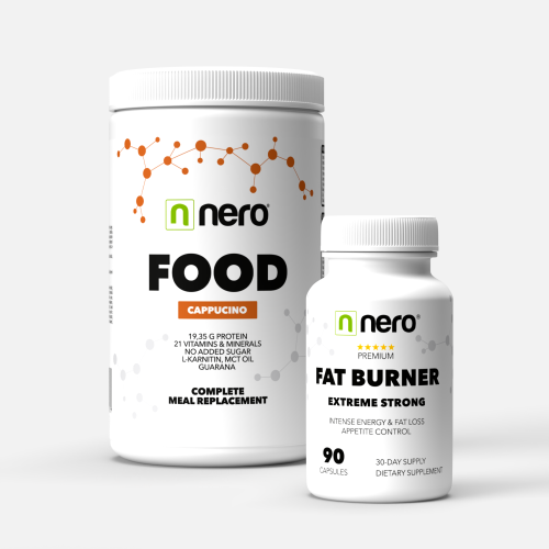 Funkční zdravá strava Nero FOOD Cappuccino, 600g, 20 porcí + Účinný spalovač tuků Nero - 90 kapslí / na 30 dní, úvod
