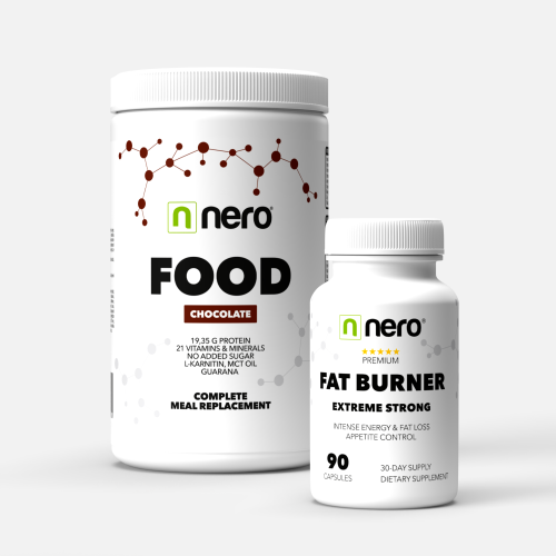 Funkční zdravá strava Nero FOOD Čokoláda, 600g, 20 porcí + Účinný spalovač tuků Nero - 90 kapslí / na 30 dní