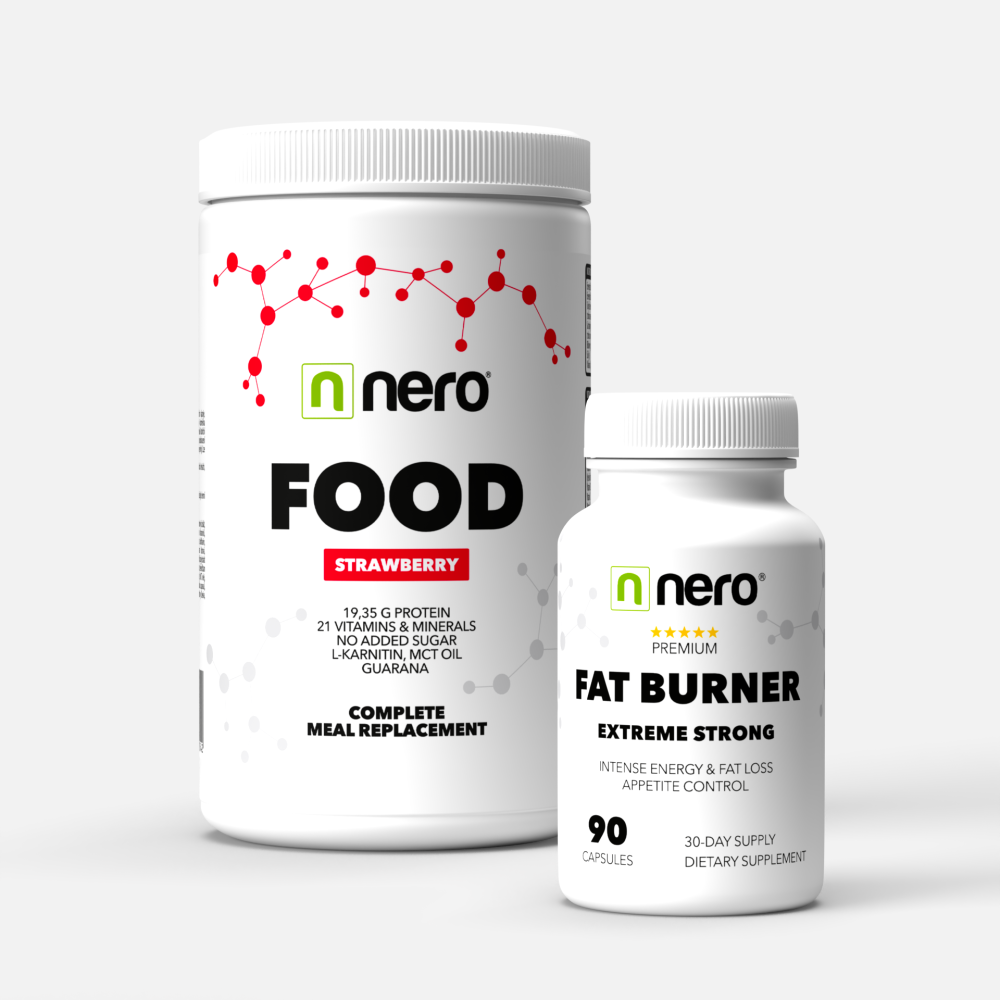 Funkční zdravá strava Nero FOOD Jahoda, 600g, 20 porcí + Účinný spalovač tuků Nero - 90 kapslí / na 30 dní