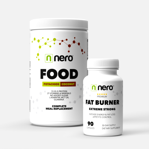 Funkční zdravá strava Nero FOOD Pistácie/Kokos, 600g, 20 porcí + Účinný spalovač tuků Nero - 90 kapslí / na 30 dní