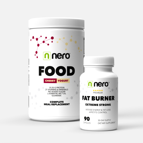 Funkční zdravá strava Nero FOOD Třešeň & Jogurt, 600g, 20 porcí + Účinný spalovač tuků Nero - 90 kapslí / na 30 dní