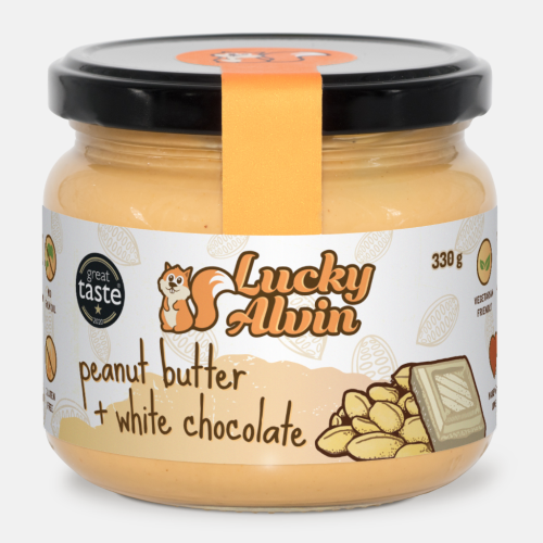 Lucky Alvin Arašídy + Bílá Čokoláda 330 g, bez GMO, Vegetarian, bez palm. oleje, bez přid. cukru, bez soli