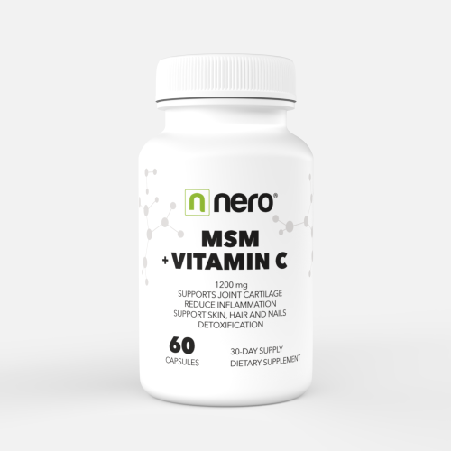 MSM + Vitamín C 60 kapslí, 1200 mg, Bez lepku, Bez laktózy, bez GMO / na 30 dní, pro tvorbu kolagenu