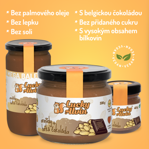 Lucky Alvin Arašídy + Hořká Čokoláda 750 g, bez GMO, Vegan, bez palm. oleje, bez přid. cukru, bez soli