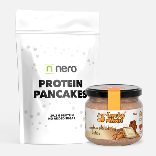 Výhodná sada - Proteinové palačinky NERO, sáček, 1135g + Lucky Alvin Mandle + Bílá Čokoláda + Skořice 330 g, bez GMO, Vegetarian