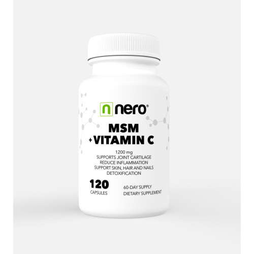 MSM + Vitamín C 120 kapslí, 1200 mg, Detox, Trávení, Proti zánětům, Zdravá pokožka, vlasy, nehty, klouby, bez GMO / na 60 dní