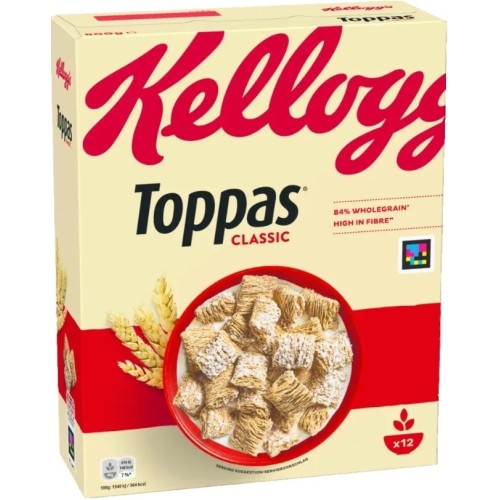 Kellogg's Toppas Classic, 500 g, 12 porcí, vysoký obsah vlákniny, 84% celozrnné