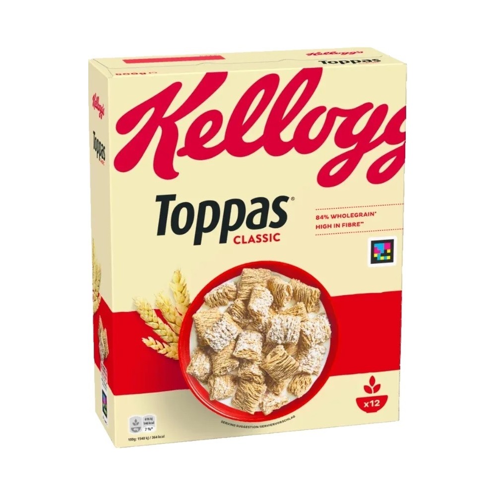 Kellogg's Toppas Classic, 500 g, 12 porcí, vysoký obsah vlákniny, 84% celozrnné