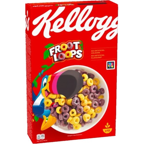 Kellogg's Froot Loops, 375 g, 12 porcí, barevné kroužky z cereálií s lahodnou ovocnou příchutí, bez umělých barviv