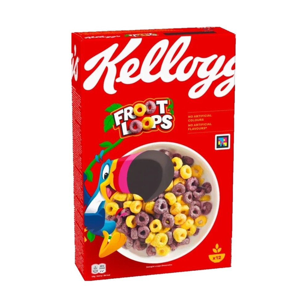 Kellogg's Froot Loops, 375 g, 12 porcí, barevné kroužky z cereálií s lahodnou ovocnou příchutí, bez umělých barviv