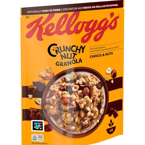 Kellogg's Crunchy Nut Granola Choco & Nut, 380 g, 8 porcí, křupavá celozrnná granola s jemnou čokoládou a křupavými oříšky.