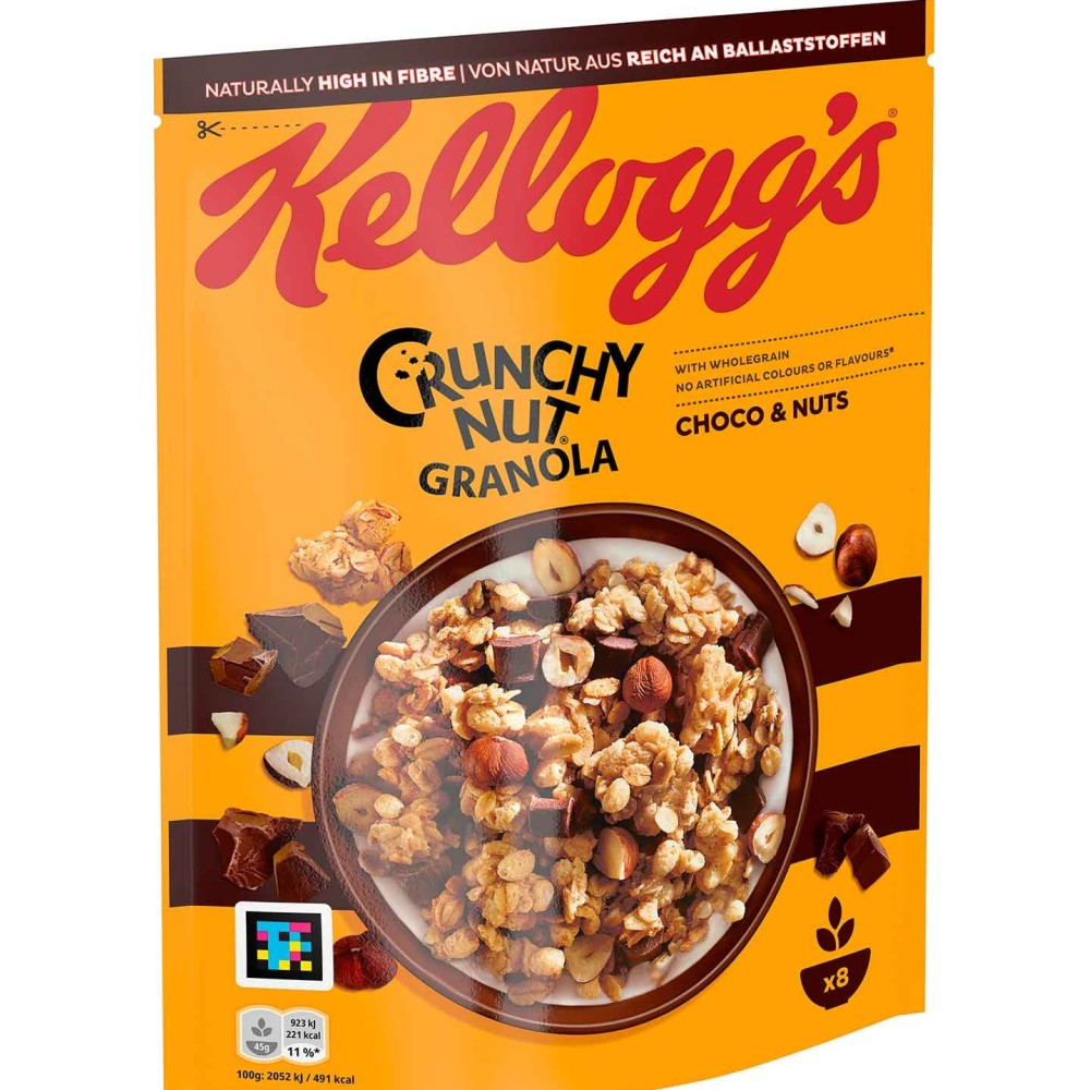 Kellogg's Crunchy Nut Granola Choco & Nut, 380 g, 8 porcí, křupavá celozrnná granola s jemnou čokoládou a křupavými oříšky.