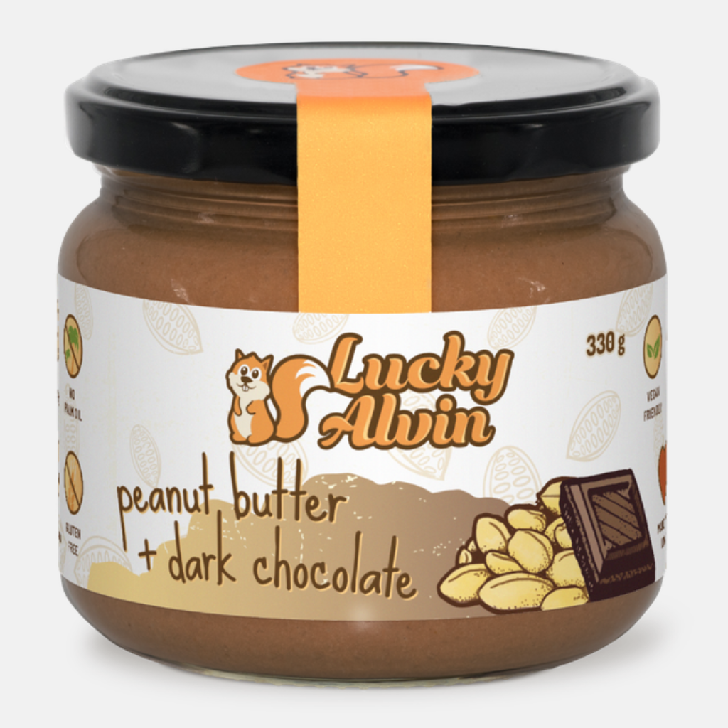 Lucky Alvin Arašídy + Hořká Čokoláda 330 g, bez GMO, Vegan, bez palm. oleje, bez přid. cukru, bez soli 8594189900050