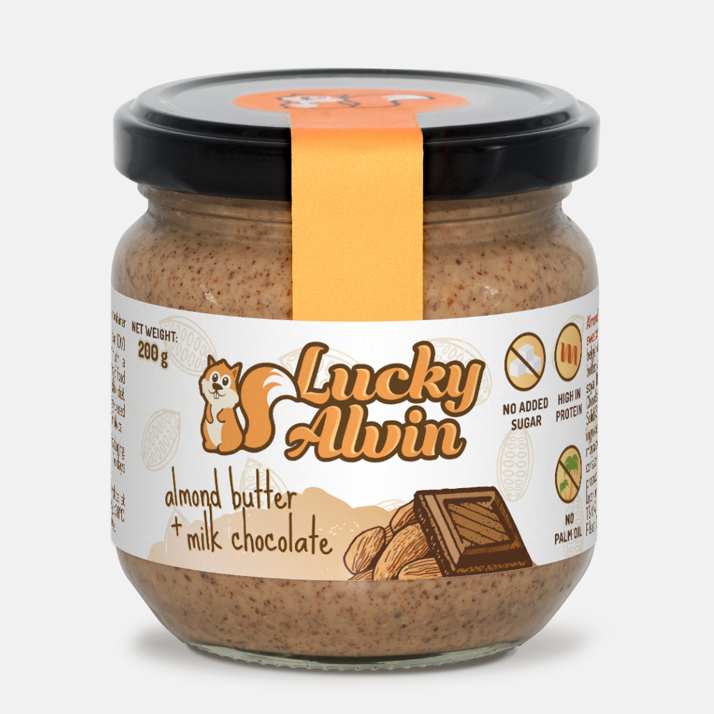 Lucky Alvin Mandle + Mléčná Čokoláda 330 g, bez GMO, Vegetarian, bez palm. oleje, bez přid. cukru, bez soli, bez lepku 8594189900128