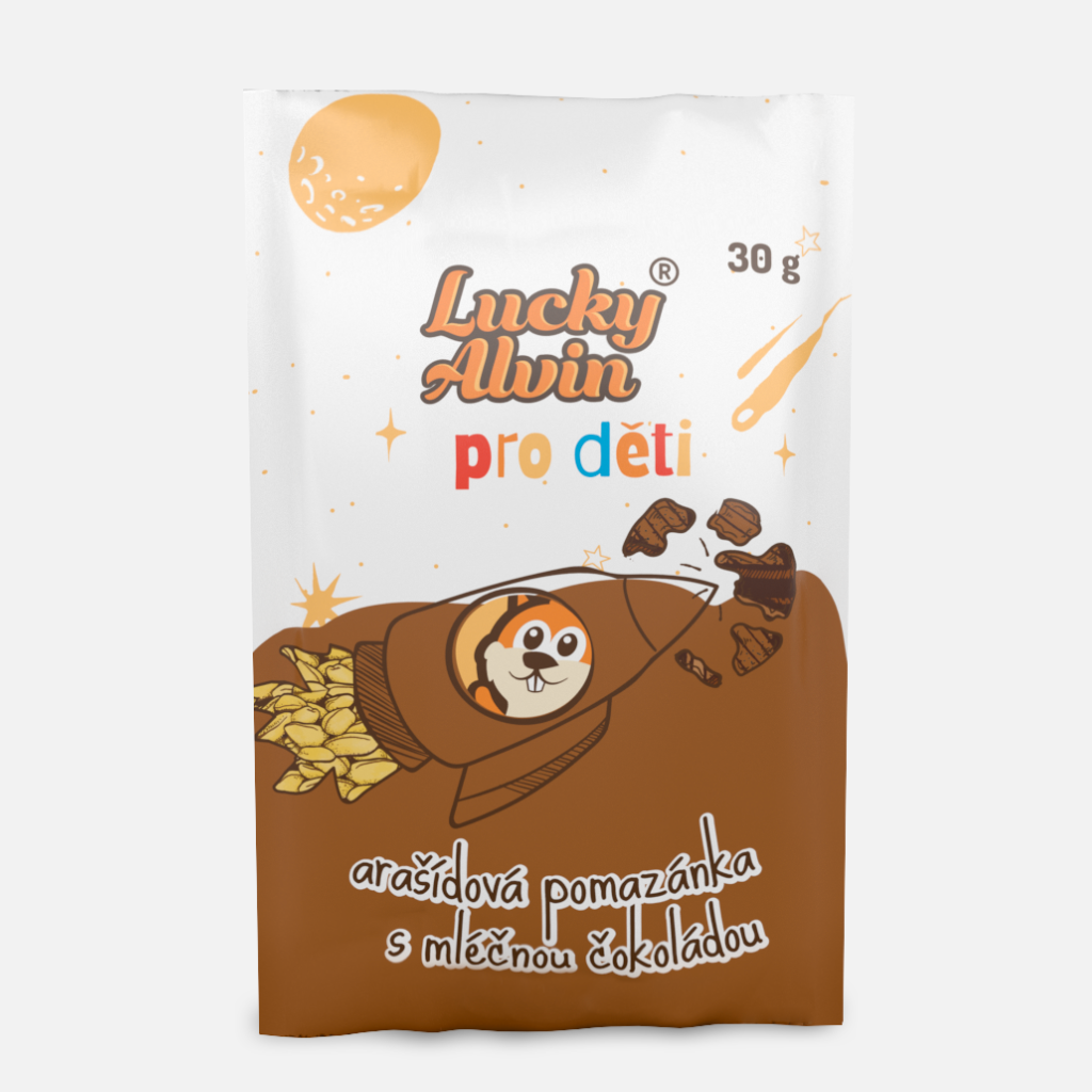 Lucky Alvin Arašídy + Mléčná Čokoláda 30 g, bez GMO, Vegetarian, bez palm. oleje, bez konzervantů, bez lepku 8594189900845