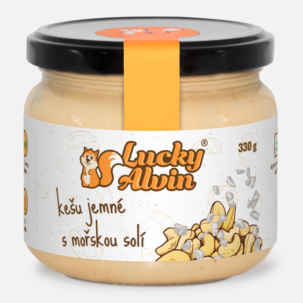 Lucky Alvin Kešu + Mořská sůl 330 g, bez GMO, Vegan, bez palm. oleje, bez přid. cukru, bez soli, bez lepku 8594189900746