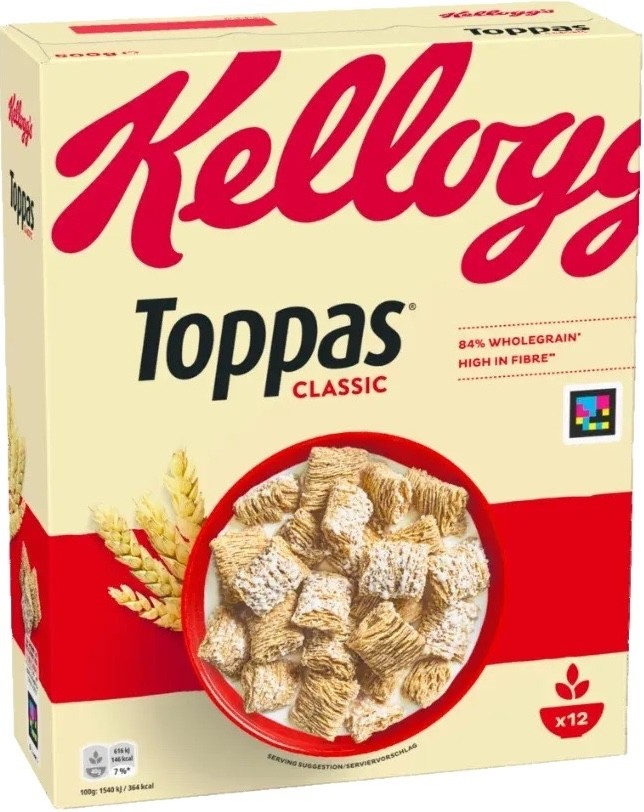 Kellogg's Toppas Classic, 500 g, 12 porcí, vysoký obsah vlákniny, 84% celozrnné 5059319030821